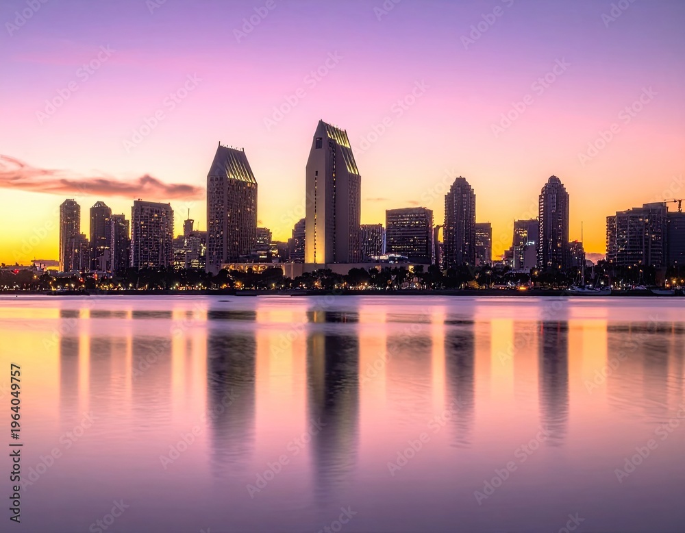 Fototapeta premium A vibrant sunset casts a purple and orange glow over the San Diego skyline reflected in calm waters.