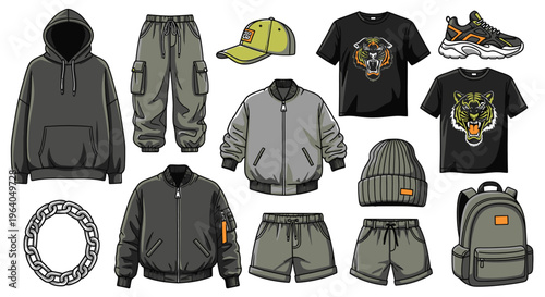 Gray clothing and accessories on display.