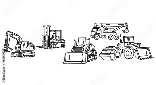 Heavy construction equipment vehicles lineup.