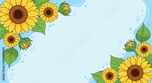 Cartoon Style Sunflower Border on Light Blue Background Illustration
