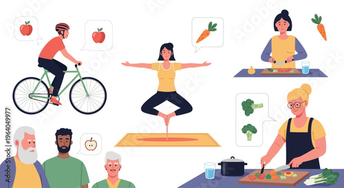 Healthy lifestyle, fitness, and nutrition: people cycling, doing yoga, and cooking fresh food.