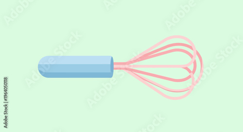Light blue whisk with pink wires on a light green background, isolated