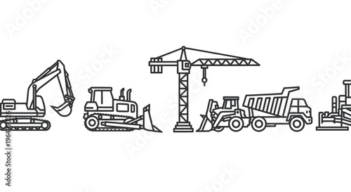 Heavy construction vehicles and equipment line.