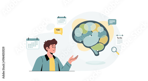 Man planning with brain, calendar, and magnifying glass icons