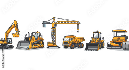 Heavy construction vehicles in a row 4.