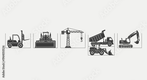 Heavy machinery industrial equipment icons.