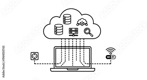 Laptop with cloud computing icons.