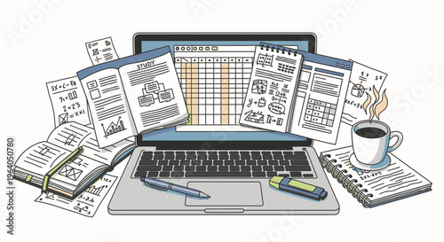 Laptop with papers and coffee cup.