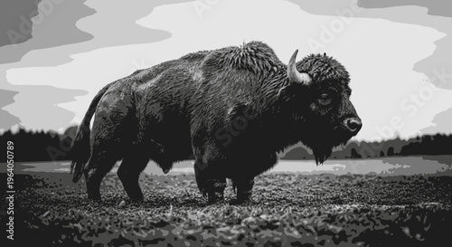 Large bison standing on grassy field.