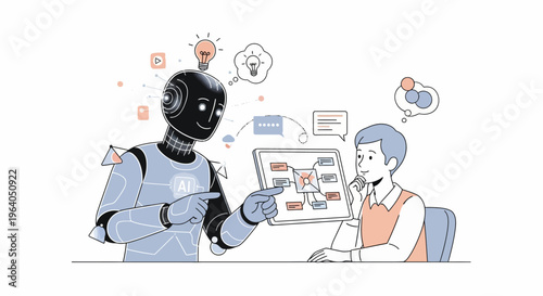 Robot and man collaborating on project, AI helping human with ideas and strategy