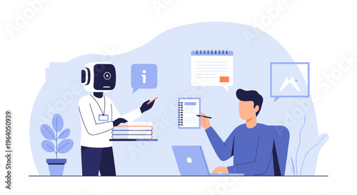 Robot assistant helping man with work, planning, and learning, modern office concept