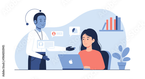 Robot Assistant Helping Woman with Laptop at Desk, Modern Office, Technology Concept