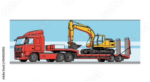 Large red truck hauling yellow excavator.