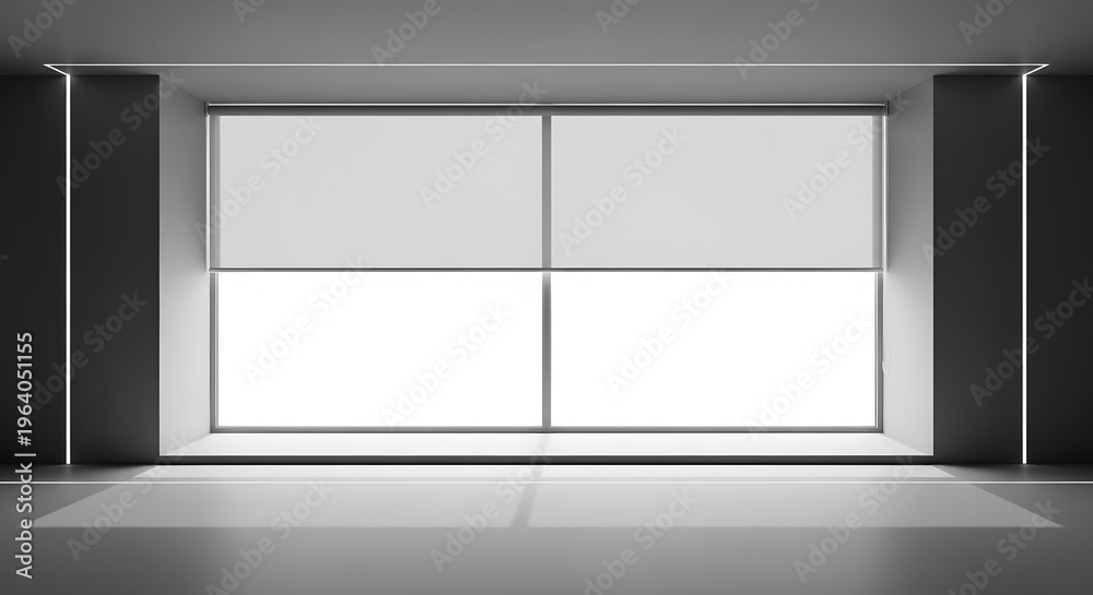 Fototapeta premium Large interior architectural space features a wide, modern window divided into four panes with white roller blinds covering the glass.