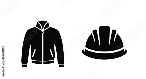 Vector illustration of construction worker uniform icons, jacket and hard hat