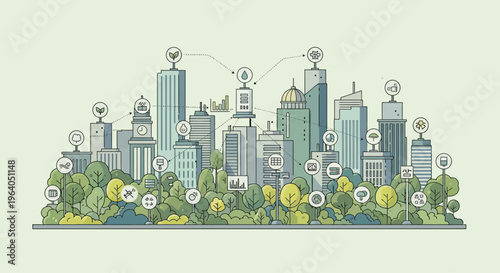 Smart City Skyline with Green Technology and Network Connections