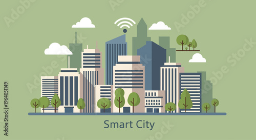 Smart City Skyline with Wi-Fi Signal, Green Trees, and Clouds - Modern Urban Technology Concept