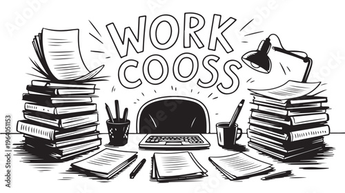 Cluttered Office Desk Messy Workspace with Laptop and Books for Work Overwhelm Concept