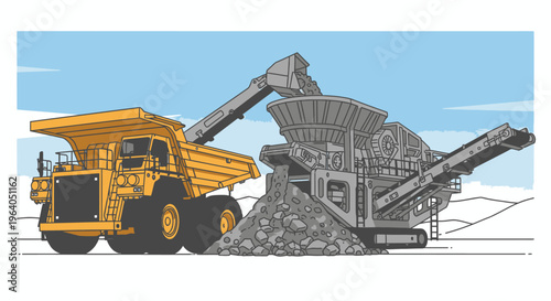 Large Yellow Mining Dump Truck Operating.