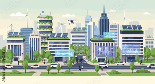 Smart Cityscape with Green Buildings, Solar Panels, Wind Turbines, and Drone