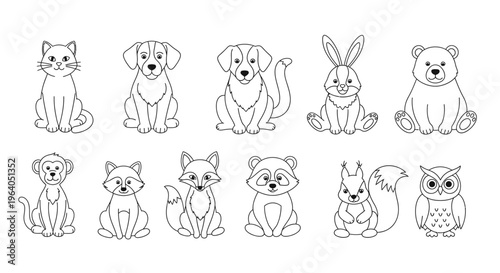 Line drawings of various cute animals.