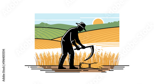Man harvesting crops with sickle tool.