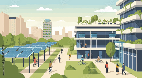 Sustainable Cityscape: Green Buildings, Solar Panels, and People Enjoying Eco-Friendly Urban Life
