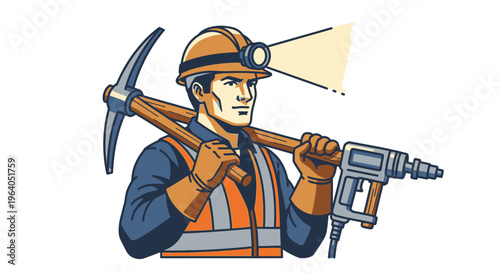 Man in hard hat holding pickaxe.