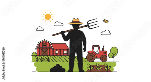Man in hat holding pitchfork outdoors.