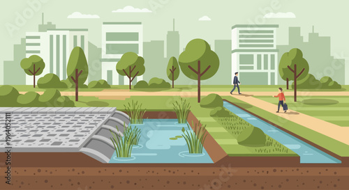 Sustainable urban water management with bioswale and permeable pavement in cityscape