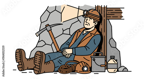 Man wearing mining uniform resting outside mine.