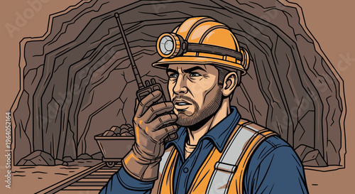 Man wearing orange mining hard hat.
