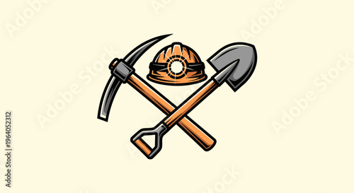 Mining tools and hard hat icon.