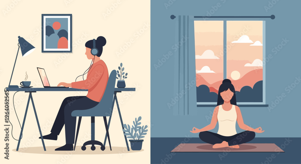 Fototapeta premium Woman working on laptop and meditating at home, work-life balance concept