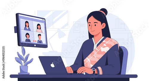 Woman in traditional attire participating in a video conference call on her laptop