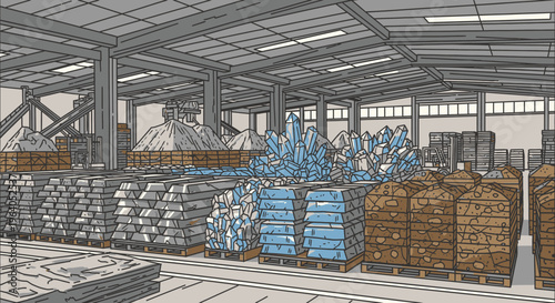 Pallets of industrial materials stacked high.