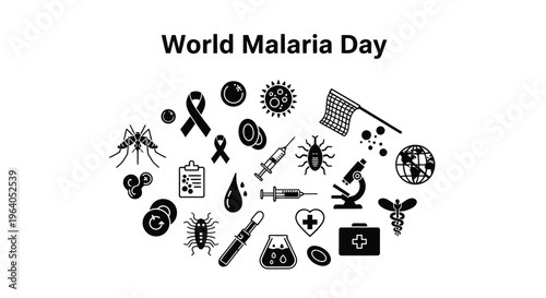 Vector graphic illustration design featuring various icons for World Malaria Day awareness and medical concepts