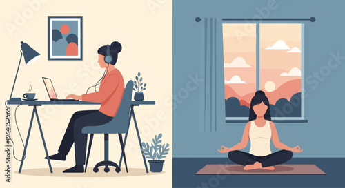 Woman working on laptop and meditating at home, work-life balance concept