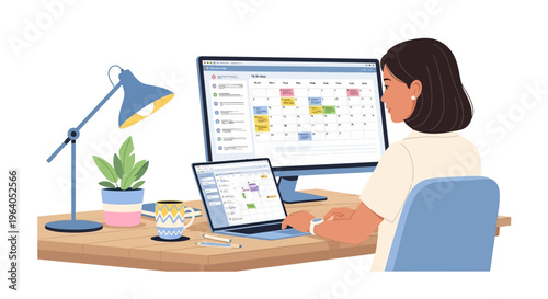 Woman working on laptop and desktop computer with calendar schedule on screens