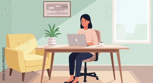 Woman working on laptop at desk in home office, comfortable workspace with armchair