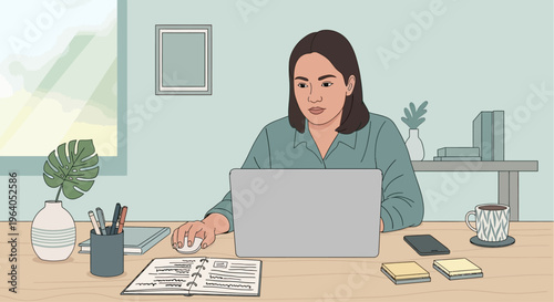 Woman working on laptop at home office desk, focused on screen, remote work concept