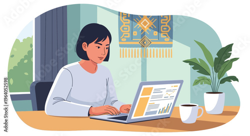 Woman working on laptop at home office, focused on screen with coffee and plant