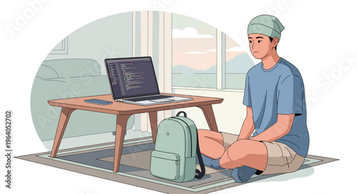 Young man coding on laptop at home, backpack nearby, remote work concept