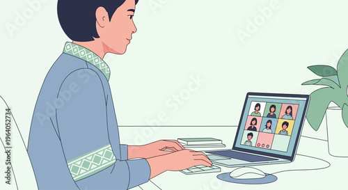 Young man in video conference call on laptop, online meeting, remote work, education, teamwork