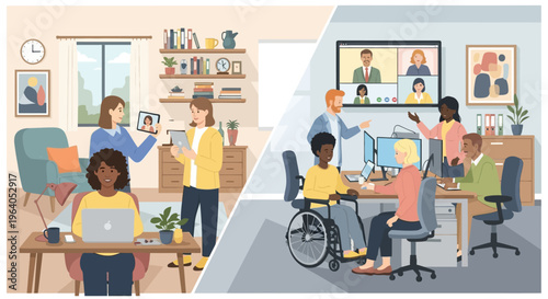 Diverse team collaborating remotely and in office, hybrid work, inclusion