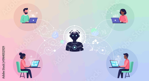 Diverse team collaborating remotely with AI assistant in a digital network