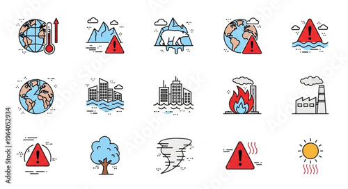 Climate Change Icons Depicting Global Warming and Environmental Disasters.