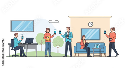 Diverse team collaborating remotely with smartphones and laptops in modern office and outdoor settings