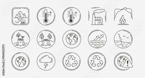 Collection of Climate Change Icons Depicting Environmental Issues.