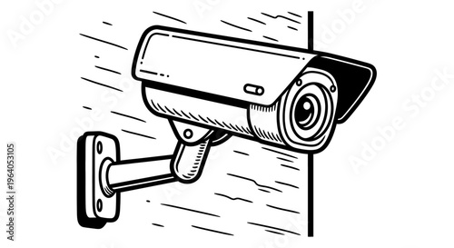 Security camera mounted on wall bracket.